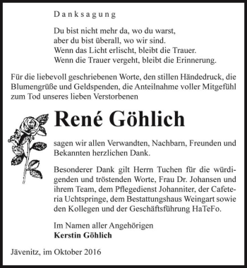 Traueranzeige von René Göhlich  von Magdeburger Volksstimme