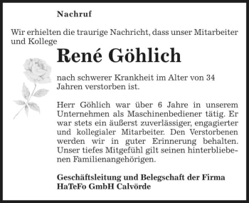 Traueranzeige von René Göhlich  von Magdeburger Volksstimme