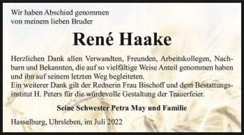 Traueranzeige von René Haake  von Magdeburger Volksstimme