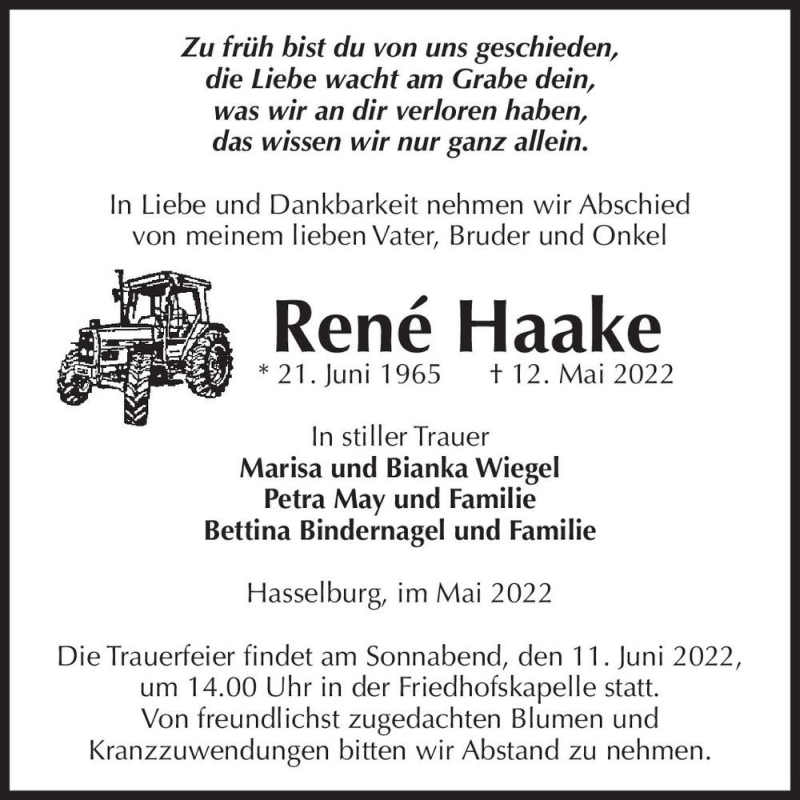  Traueranzeige für René Haake  vom 27.05.2022 aus Magdeburger Volksstimme