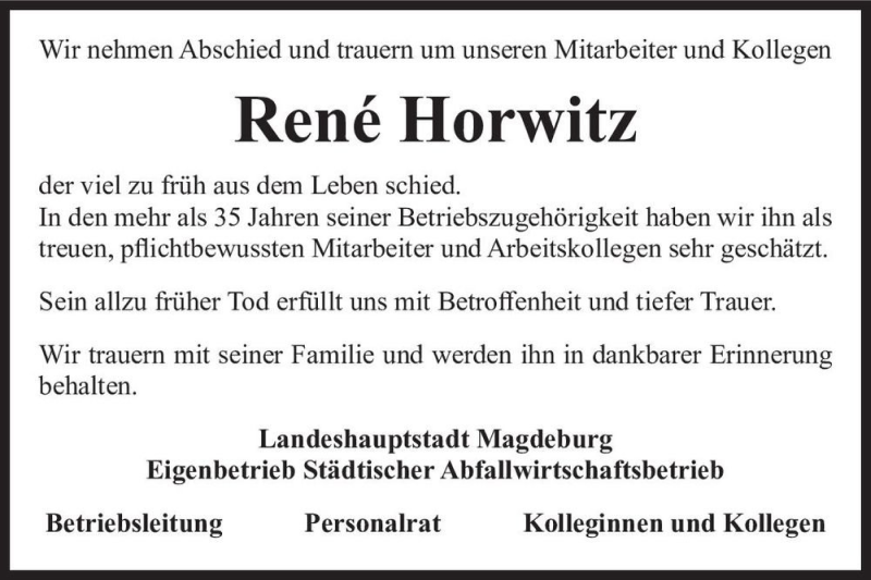  Traueranzeige für René Horwitz  vom 03.09.2022 aus Magdeburger Volksstimme