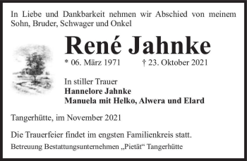 Traueranzeige von René Jahnke  von Magdeburger Volksstimme