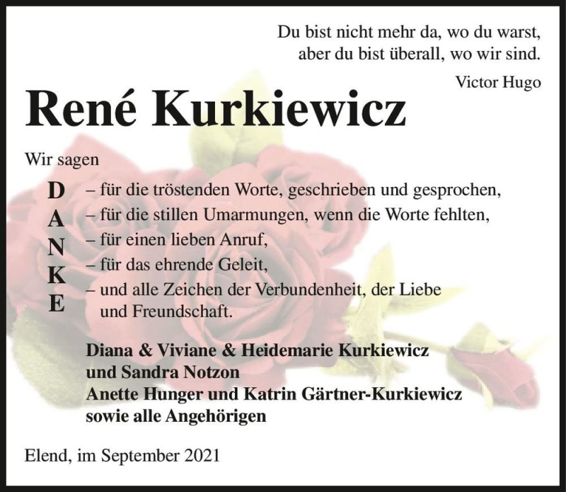  Traueranzeige für René Kurkiewicz  vom 18.09.2021 aus Magdeburger Volksstimme