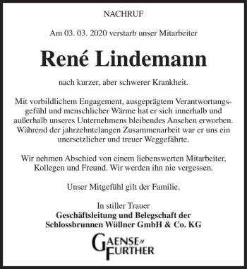 Traueranzeige von René Lindemann  von Magdeburger Volksstimme