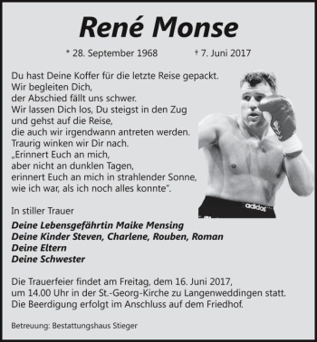 Traueranzeige von René Monse  von Magdeburger Volksstimme