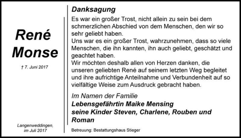  Traueranzeige für René Monse  vom 08.07.2017 aus Magdeburger Volksstimme