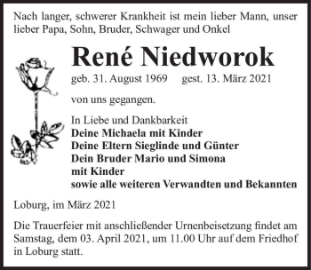 Traueranzeige von René Niedworok  von Magdeburger Volksstimme