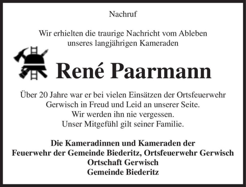  Traueranzeige für René Paarmann  vom 15.05.2021 aus Magdeburger Volksstimme