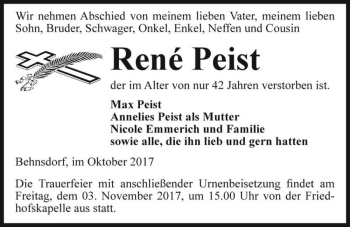 Traueranzeige von René Peist  von Magdeburger Volksstimme