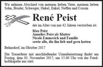 Traueranzeige von René Peist  von Magdeburger Volksstimme