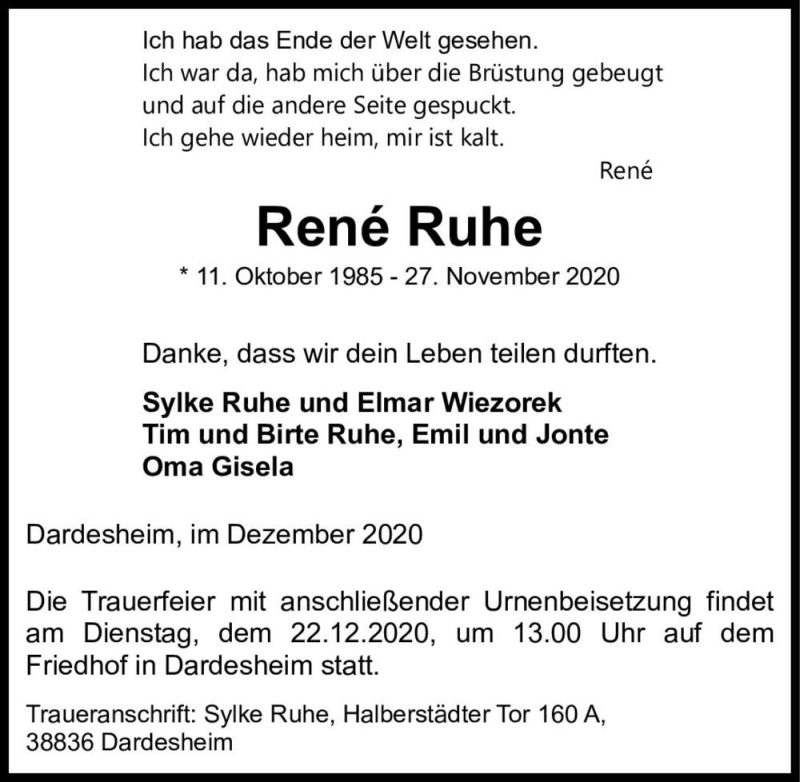  Traueranzeige für René Ruhe  vom 12.12.2020 aus Magdeburger Volksstimme