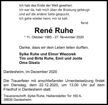 Traueranzeige von René Ruhe  von Magdeburger Volksstimme