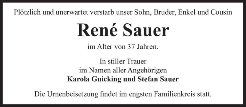  Traueranzeige für René Sauer  vom 07.01.2022 aus Magdeburger Volksstimme