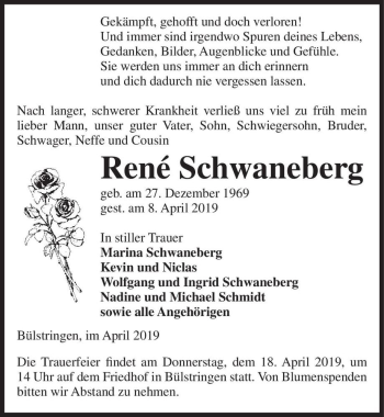 Traueranzeige von René Schwaneberg  von Magdeburger Volksstimme