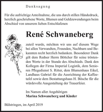 Traueranzeige von René Schwaneberg  von Magdeburger Volksstimme