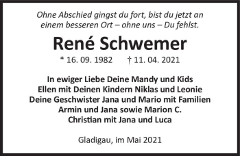 Traueranzeige von René Schwemer  von Magdeburger Volksstimme