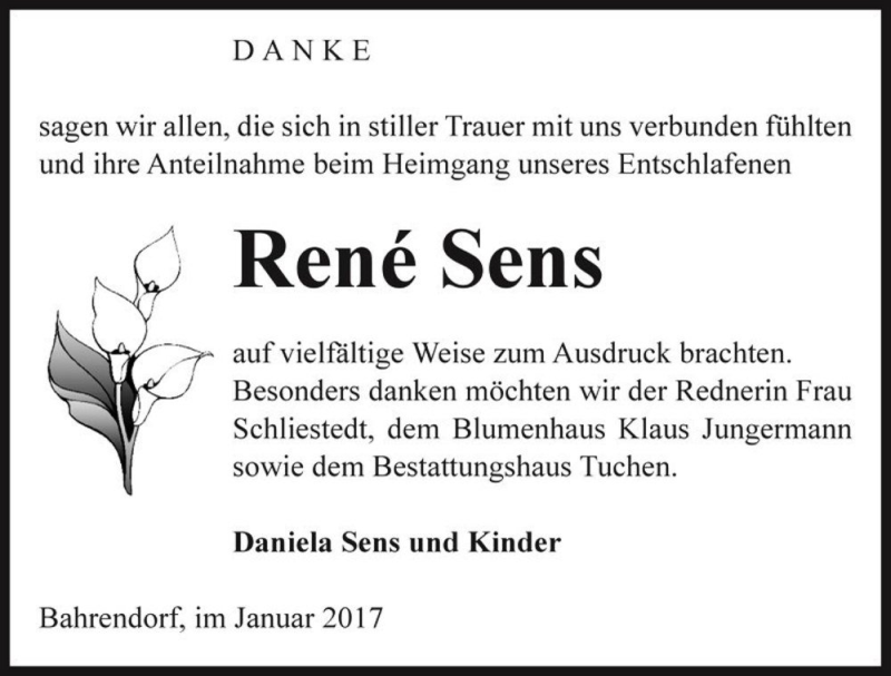  Traueranzeige für René Sens  vom 14.01.2017 aus Magdeburger Volksstimme