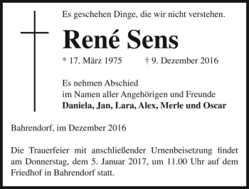 Traueranzeige von René Sens  von Magdeburger Volksstimme