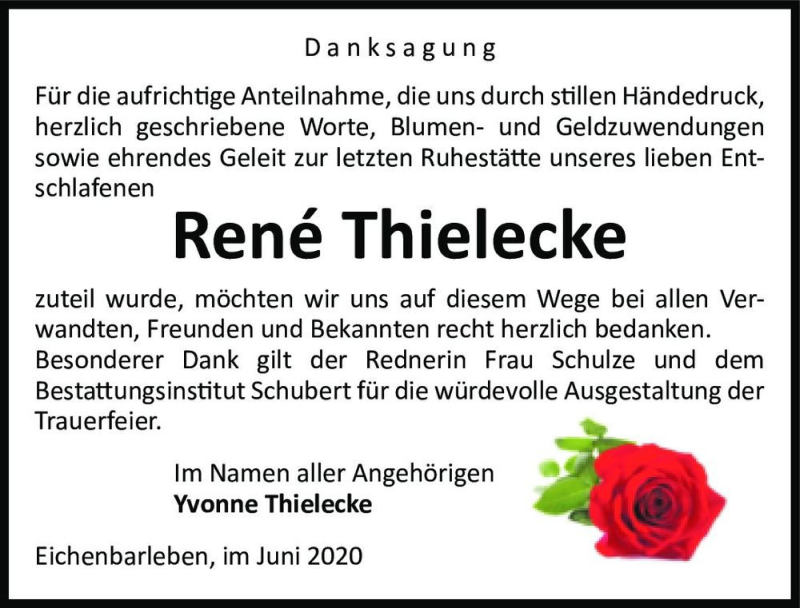  Traueranzeige für René Thielecke  vom 27.06.2020 aus Magdeburger Volksstimme