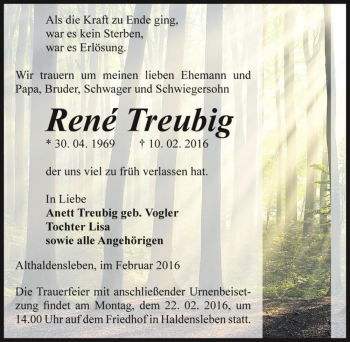 Traueranzeige von René Treubig  von Magdeburger Volksstimme