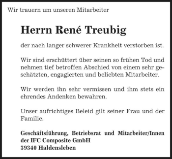Traueranzeige von René Treubig  von Magdeburger Volksstimme