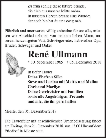 Traueranzeige von René Ullmann  von Magdeburger Volksstimme