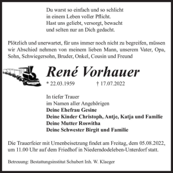 Traueranzeige von René Vorhauer  von Magdeburger Volksstimme