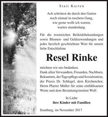 Traueranzeige von Resel Rinke  von Magdeburger Volksstimme