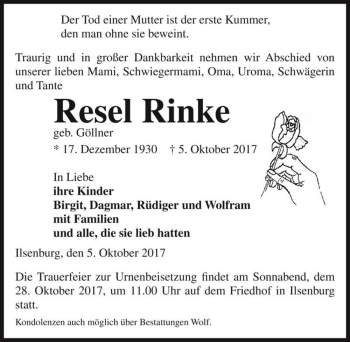 Traueranzeige von Resel Rinke (geb. Göllner)  von Magdeburger Volksstimme