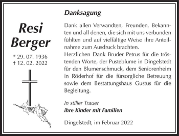 Traueranzeige von Resi Berger  von Magdeburger Volksstimme