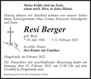 Traueranzeige von Resi Berger (geb.  Beck)  von Magdeburger Volksstimme
