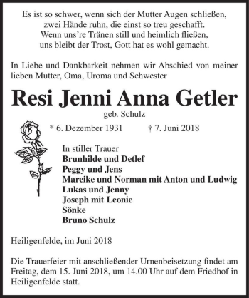 Traueranzeige von Resi Jenni Anna Getler (geb. Schulz)  von Magdeburger Volksstimme