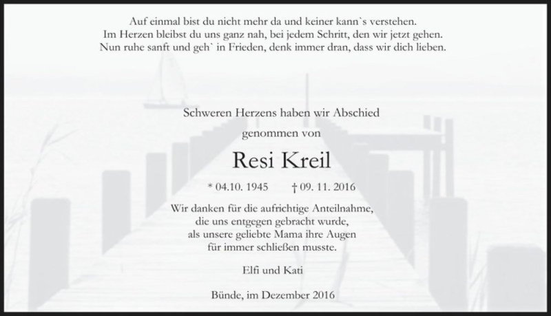  Traueranzeige für Resi Kreil  vom 24.12.2016 aus Magdeburger Volksstimme