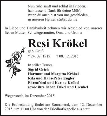 Traueranzeige von Resi Krökel (geb. Gruß)  von Magdeburger Volksstimme