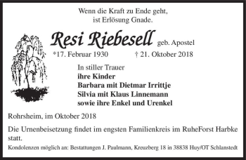 Traueranzeige von Resi Riebesell (geb. Apostel)  von Magdeburger Volksstimme