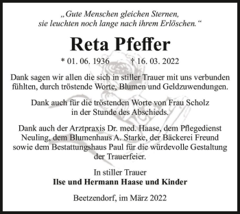 Traueranzeige von Reta Pfeffer  von Magdeburger Volksstimme