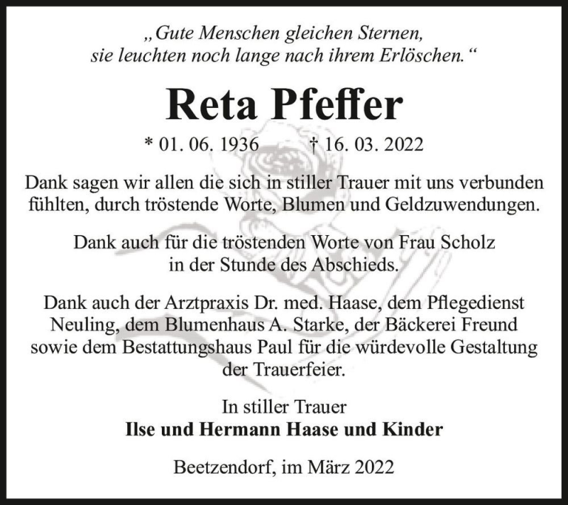  Traueranzeige für Reta Pfeffer  vom 30.04.2022 aus Magdeburger Volksstimme