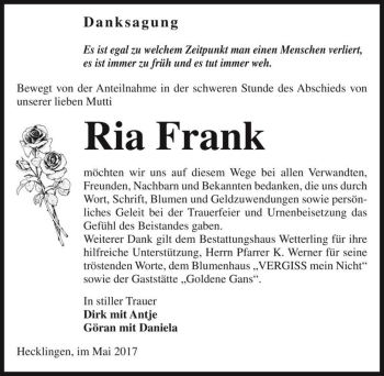 Traueranzeige von Ria Frank  von Magdeburger Volksstimme