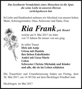Traueranzeige von Ria Frank (geb. Beutel)  von Magdeburger Volksstimme