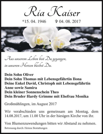 Traueranzeige von Ria Kaiser  von Magdeburger Volksstimme