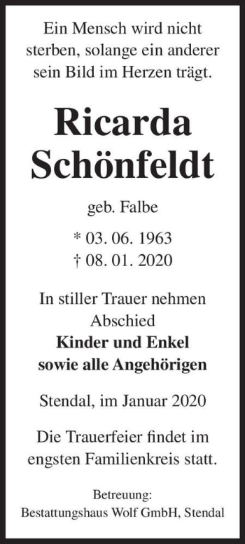 Traueranzeige von Ricarda Schönfeldt (geb. Falbe)  von Magdeburger Volksstimme