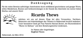 Traueranzeige von Ricarda Thews  von Magdeburger Volksstimme