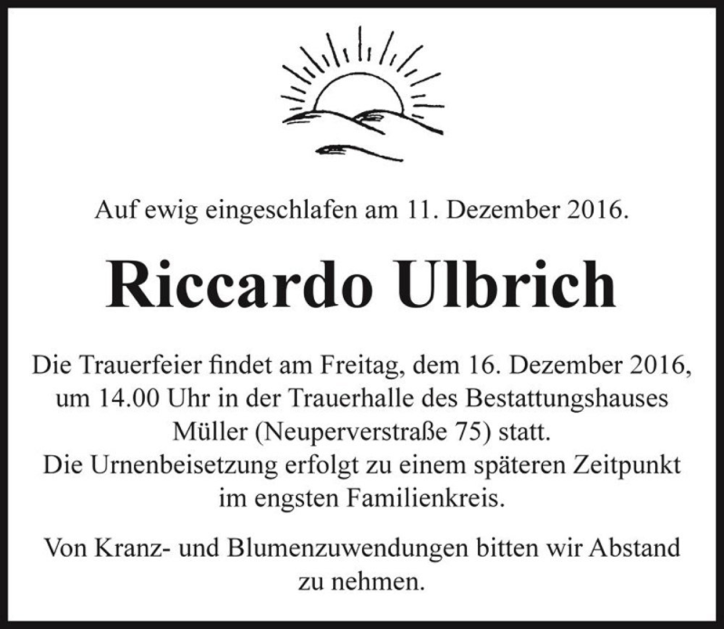  Traueranzeige für Riccardo Ulbrich  vom 13.12.2016 aus Magdeburger Volksstimme