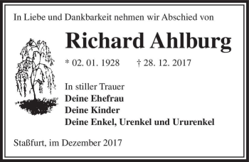 Traueranzeige von Richard Ahlburg  von Magdeburger Volksstimme