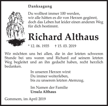 Traueranzeige von Richard Althaus  von Magdeburger Volksstimme