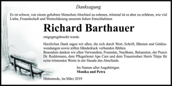 Traueranzeige von Richard Barthauer  von Magdeburger Volksstimme