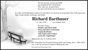 Traueranzeige von Richard Barthauer  von Magdeburger Volksstimme