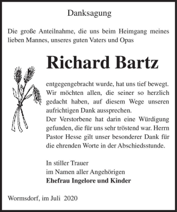 Traueranzeige von Richard Bartz  von Magdeburger Volksstimme