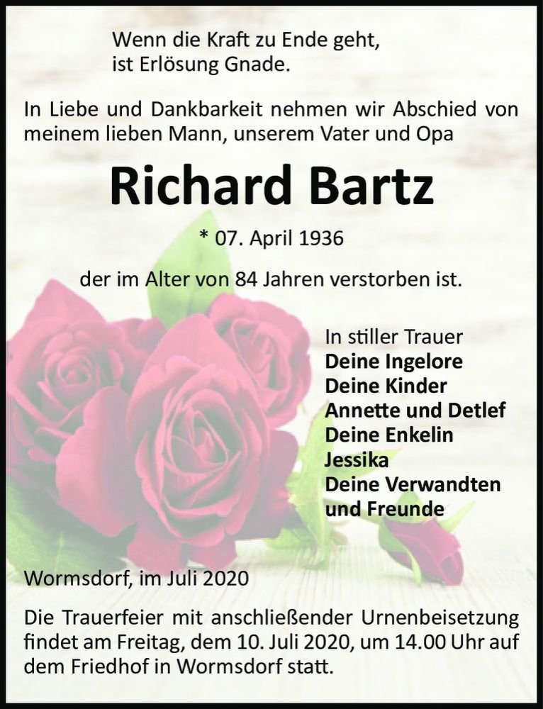  Traueranzeige für Richard Bartz  vom 04.07.2020 aus Magdeburger Volksstimme