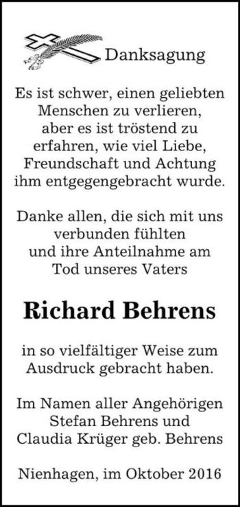 Traueranzeige von Richard Behrens  von Magdeburger Volksstimme
